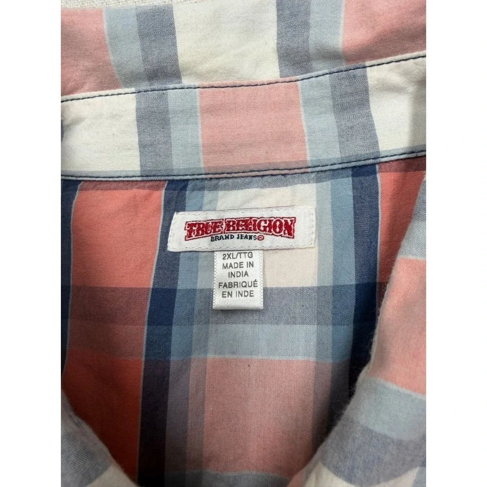 True Religion Mens 2XL Western Plaid Short Sleeve Pearl Snap Shirt Orange Blue